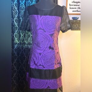 Vintage Purple Rose Print Dress | Mesh Overlay | Short Sleeve